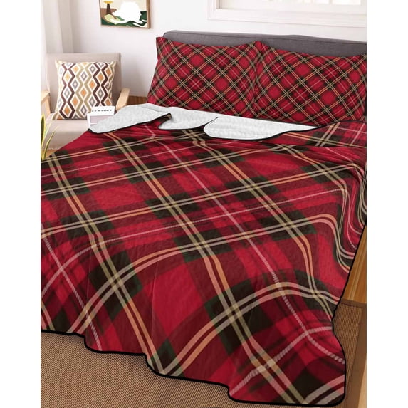 Red Green Black Plaid Queen Size Down Alternative Comforter, Lightweight Comforter Quilt Bedding Set with Pillow Shams Christmas Checkered Buffalo All Seasons Bed Comforter Duvet Insert 90"x96"