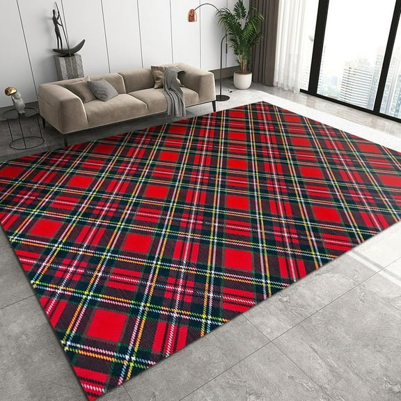 Red Green Buffalo Check Area Rug, Black And White Geometric Lines Farmhouse Rugs, With Anti-Slip Backing Washable Indoor Carpet For Living Room Bedroom Study Dining Room 3x4ft