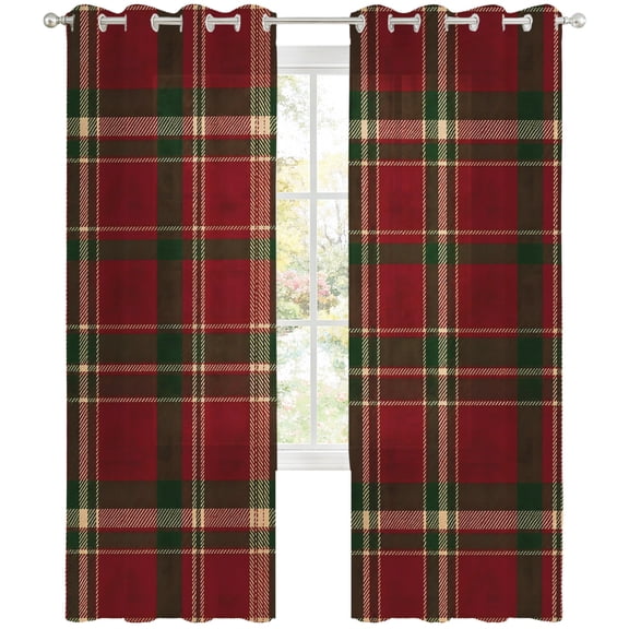Red Green Buffalo Plaid Sheer Curtains 63 Inch Long 2 Panels, Christmas Theme Check Grid Vintage Light Filtering Semi Sheer Drapes Grommet Voile Window Curtain for Living Bedroom W52 x L63