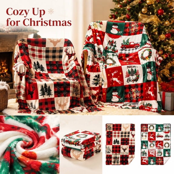 Red Green Checkered Blanket, Throw Christmas Blanket Snowman Tree Plaid Throw Blanket for Women Men