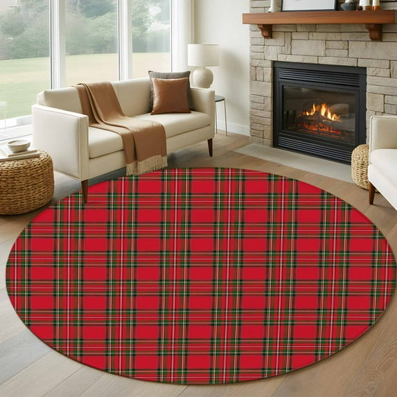 Red Green Checkered Round Area Rug 5 FT, Non Slip Bedroom Area Rug, Christmas Red and Green Plaid Washable Soft Circular Carpet Non-Shedding Floor Mat for Kitchen Dining Room Foyer Balcony Dorm