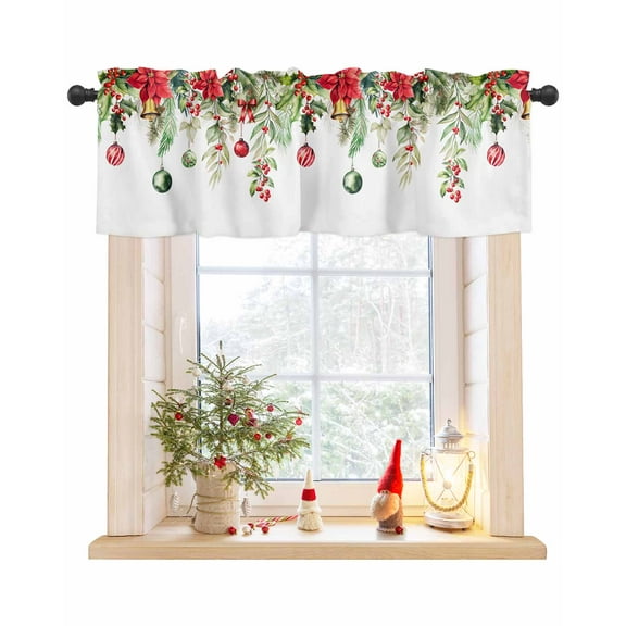Red Green Christmas Curtain Valance for Windows/Living Room/Kitchen/Bathroom/Café, Short Rod Pocket Tier Curtain Window Treatment Panel Xmas Balls Botanical Poinsettia Topper Curtain 42''x12''