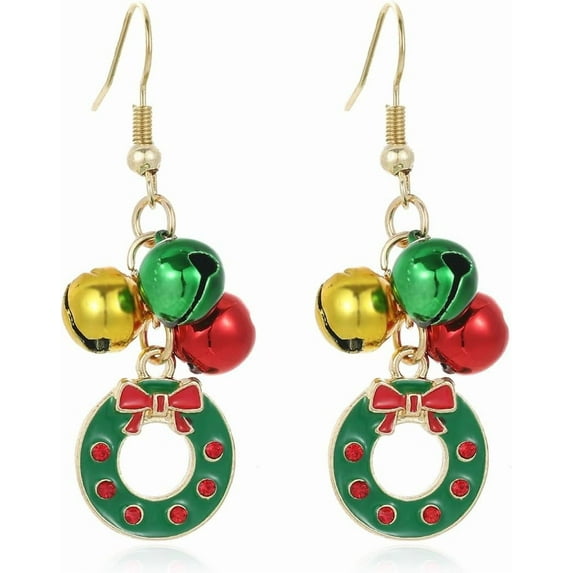 Red Green Christmas Drop Dangle Earrings for Women Gold-Toned Long Chain Jingle Bell Wreath Snow Santa Claus Round Ball Dangling Fish Hook Studs Earring Funny Xmas Holiday Jewelry