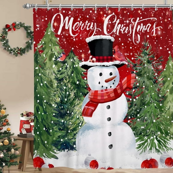 Red Green Christmas Fabric Shower Curtain,Winter Snowman with Pine Tree Waterproof Bath Curtain with Hooks,72"x78"