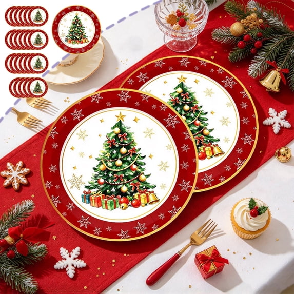 Ruby Ware Warehouse Red Green Christmas Gift Themed Disposable Tableware Set, Christmas ...