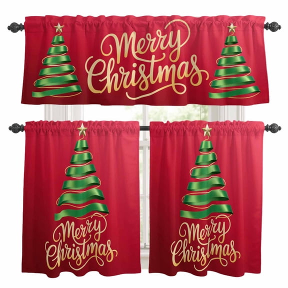 Red Green Christmas Kitchen Curtains, Xmas Tree Modern Art Kitchen Curtains and Valances Set of 3, Light Filtering Tailored Tier Curtain 24 Inch Length Drapes for Cafe Sink Bedroom