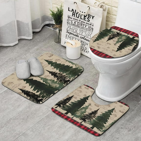 Red and Green Christmas Pattern Bathroom Rugs Sets 3 Piece,Toilet Cover Set,Absorbent Non Slip Bathroom Mats Sets with U-Shaped Contour Rug Toilet Rug Set