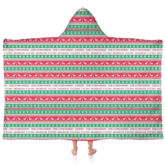 Red and Green Christmas Pattern Hooded Bath Towel,60"x35" for Ages 3 To 12 Kids, Quick Dry Lightweight Soft Microfiber Hood Beach Towel Cover Up for Kids