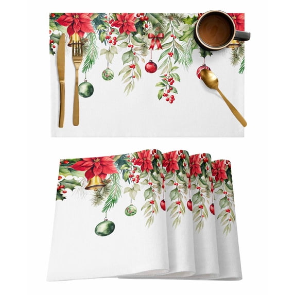 Red Green Christmas Placemats Set of 6, Xmas Balls Botanical Poinsettia Placemats for Dining Table, Place Mats for Kitchen Tabletop, Waterproof Wipeable Dining Table Mats Set