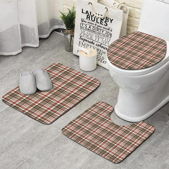 Red and Green Christmas Plaid Pattern Bathroom Rugs Sets 3 Piece,Toilet Cover Set,Absorbent Non Slip Bathroom Mats Sets with U-Shaped Contour Rug Toilet Rug Set