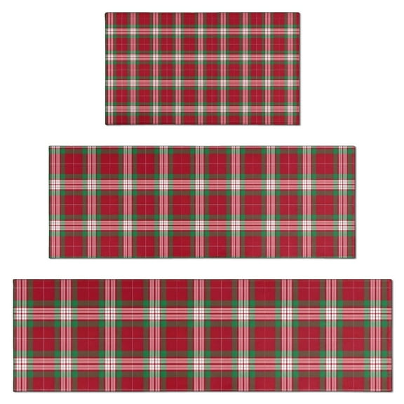 Red and Green Christmas Plaid Pattern Kitchen Rugs Sets Of 3,Kitchen Runner Rugs Non Skid Washable,Decorative Kitchen Floor Mats for Kitchen,Sink,Laundry,17"x30"+ 17"x47" + 17"x59"
