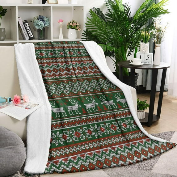 Red and Green Christmas Reindeer Pattern Blanket,Comfortable Soft Lamb Wool Throw Blanket,All Season,Warm Lightweight Blankets for Sofa Bed Couch Living Room Chair,60"x80"