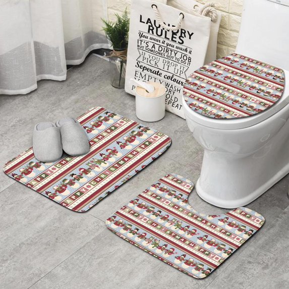 Red and Green Christmas Snowman Pattern Bathroom Rugs Sets 3 Piece,Toilet Cover Set,Absorbent Non Slip Bathroom Mats Sets with U-Shaped Contour Rug Toilet Rug Set