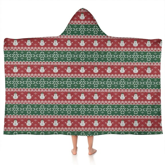 Red and Green Christmas Snowman Pattern Hooded Bath Towel，50"x30" for Ages 3 To 12 Kids, Quick Dry Lightweight Soft Microfiber Hood Beach Towel Cover Up for Kids