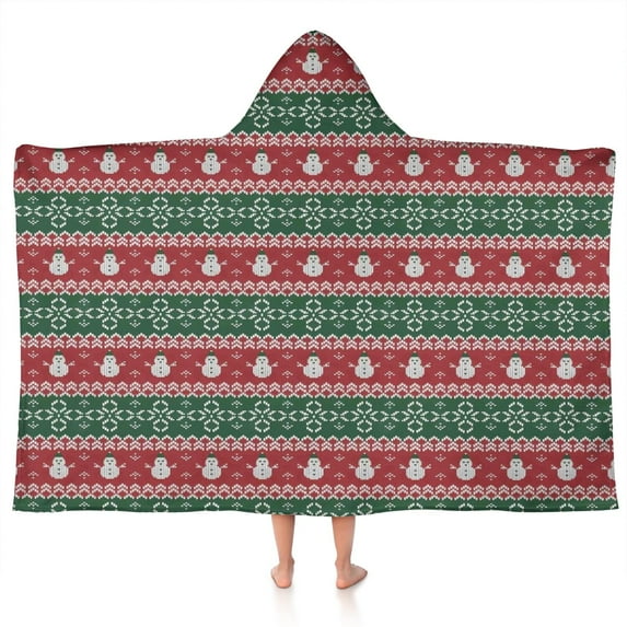 Red and Green Christmas Snowman Pattern Hooded Bath Towel,50"x30" for Ages 3 To 12 Kids, Quick Dry Lightweight Soft Microfiber Hood Beach Towel Cover Up for Kids