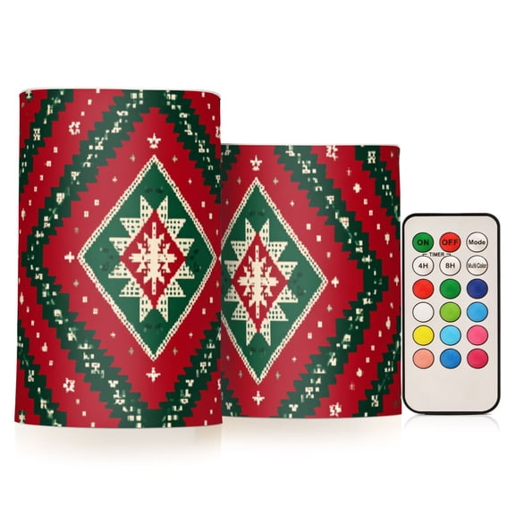 Red Green Christmas Symmetrical Pattern Flickering Flameless Candles LED Tealight Battery Operated with Remote Set of 2 Holiday Decor Ornaments