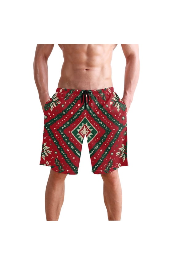 Red Green Christmas Symmetrical Pattern Men's Swim Trunks Beach Shorts Bathing Bottoms XXL