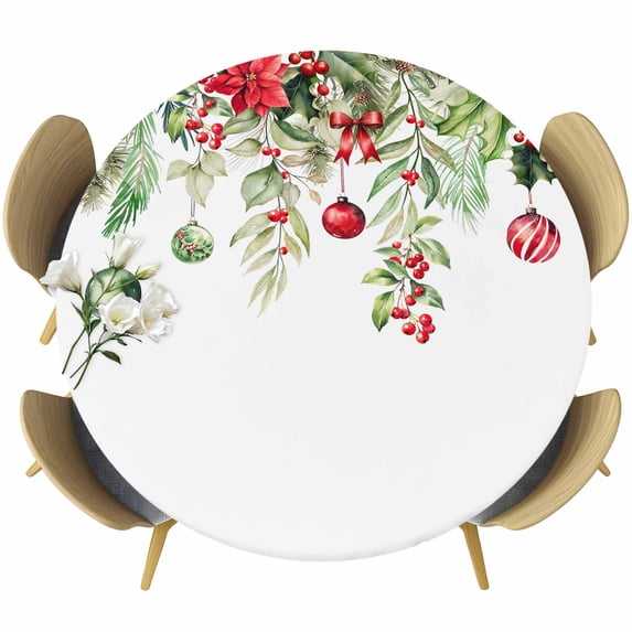 Red Green Christmas Table Cloth, Round Fitted Tablecloths with Elastic Edge, Xmas Balls Botanical Poinsettia Wipeable Waterproof Table Cover for Kitchen Wedding 55-60 Inches