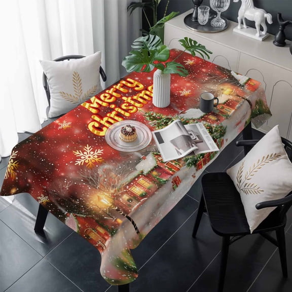 Red Green Christmas Table Cloth Waterproof Tablecloths, Winter Snowflakes Xmas Trees Village Tablecloth Dining Table Cover for Kitchen Party Tabletop Outdoor, Rectangle Tablecloth 60x120 Inch
