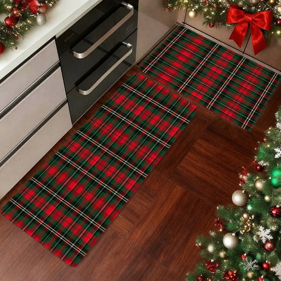 Red Green Christmas Tartan Plaid Kitchen Rugs Set of 2, Non Slip Rubber Backing Christmas Kitchen Mats, Farmhouse Holiday Floor Runner