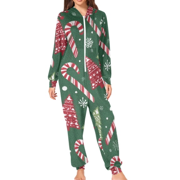 Red Green Christmas Tree Candy Snowflakes Adult's Hoodie Onesie Jumpsuit One-Piece Pajamas with Zipper Unisex for Holiday XL