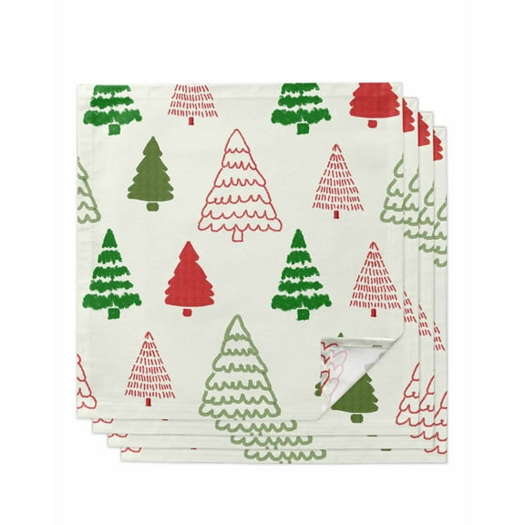 Red Green Christmas Tree Cloth Napkins Set of 4, Xmas Tree Watercolor Washable Reusable Dinner Cocktail Napkin for Kitchen Party Wedding Banquet Holiday Baby Shower Table Decor