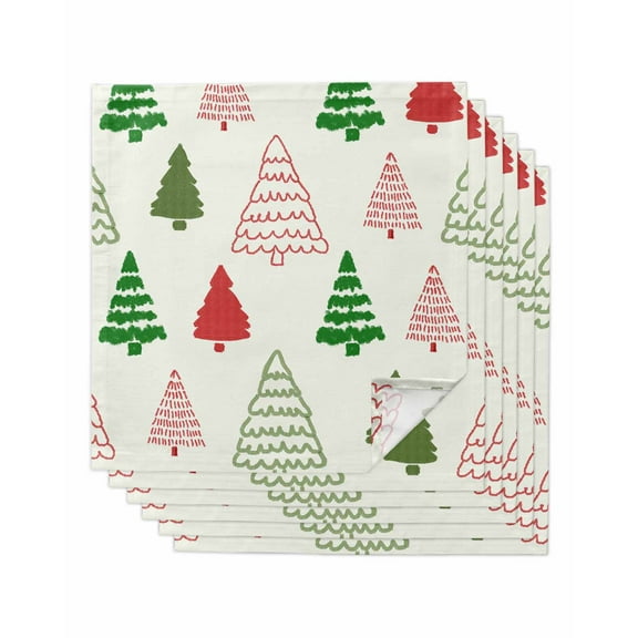 Red Green Christmas Tree Cloth Napkins Set of 6, Xmas Tree Watercolor Washable Reusable Dinner Cocktail Napkin for Kitchen Party Wedding Banquet Holiday Baby Shower Table Decor