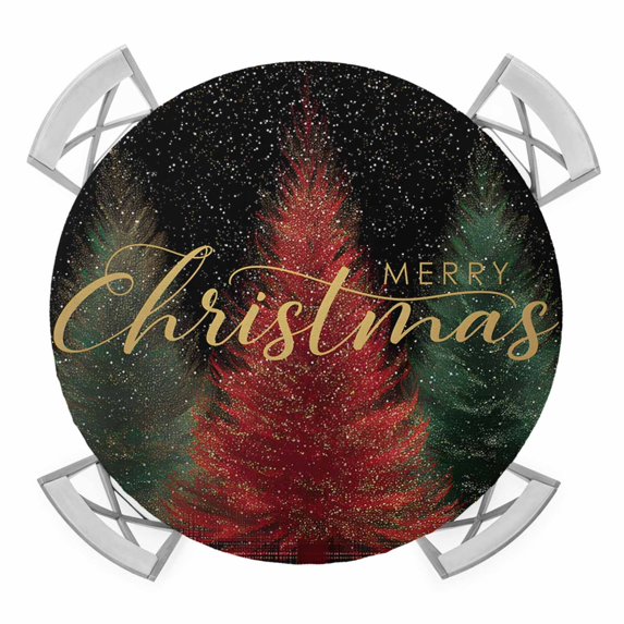 Red Green Christmas Tree Round Tablecloth for 36-44 Inch Tables,Fitted Table Cover with Elastic Edge,Xmas Buffalo Plaid Winter Snowflakes Waterproof Outdoor Table Cloth Protector for Patio Dinner