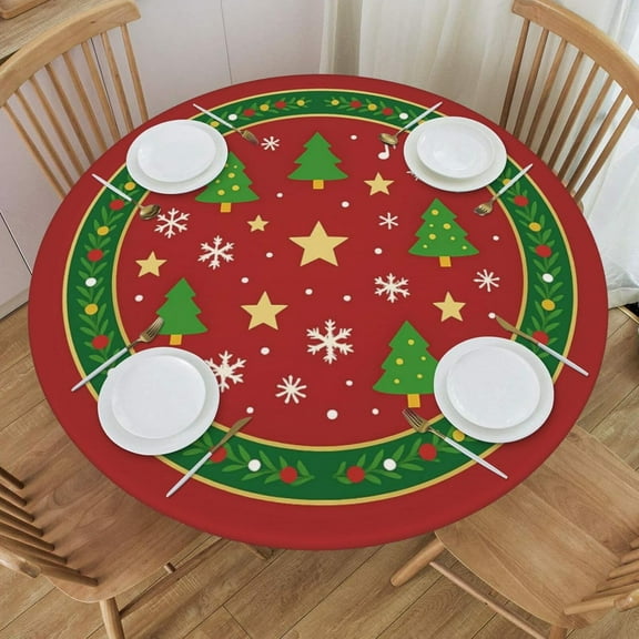 Red Green Christmas Tree Snowflake Round Tablecloth Farmhouse Table Cover with Elastic Edge Washable Fitted Table Cloth for Kitchen Patry Outdoor Decor Fits 40"-44", Small