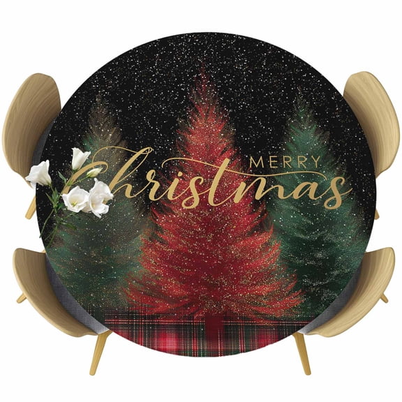 Red Green Christmas Tree Table Cloth, Round Fitted Tablecloths with Elastic Edge, Xmas Buffalo Plaid Winter Snowflakes Wipeable Waterproof Table Cover for Kitchen Wedding 45-54 Inches