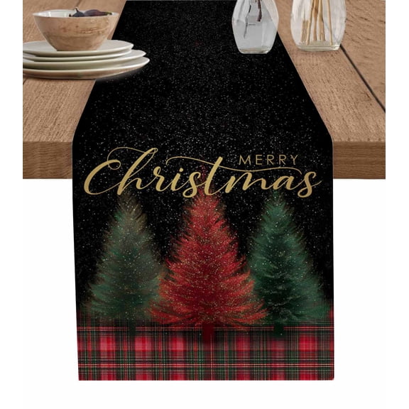 Red Green Christmas Tree Table Runner 36 Inches, Xmas Buffalo Plaid Winter Snowflakes Bed Runner Dresser Scarves Tabletop for Indoor Outdoor Parties/Ceremony/Banquet, 13"x 36"