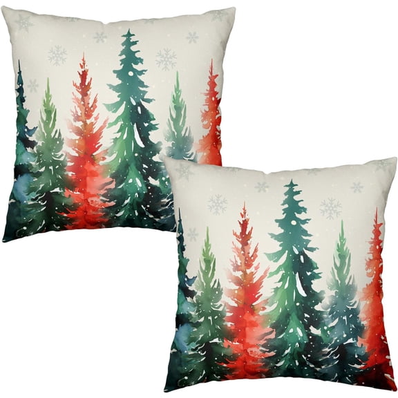 Red Green Christmas Tree Throw Pillow Covers 16x16 Set of 2 Winter Watercolor Pine Trees Decorative Outdoor Pillowcases Rustic Nature Forest Xmas Holiday Cushion Case for Couch Sofa