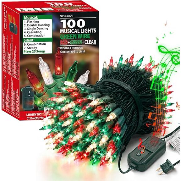 Red Green Clear Musical Christmas Lights,100 Lights 23.7ft Plays 25 Classical Holiday Songs,UL Certified Mini Bulb String Lights for Outdoor Christmas Tree Garden Party Patio Garland Decor