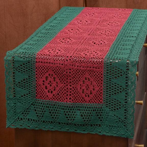 Red Green Crochet Table Runner, Vintage Farmhouse Bohemian Macrame Table Runner for Kitchen Coffee Dining Table Dresser Decor