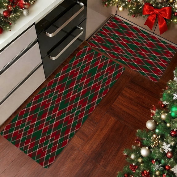 Red Green Diamond Plaid Kitchen Mat Set of 2, Non Slip Rubber Backing Absorbent Kitchen Rugs 17"x28" and 17"x48", Washable Low Profile Runner Rug for Kitchen Sink Laundry Room, Holiday Decor