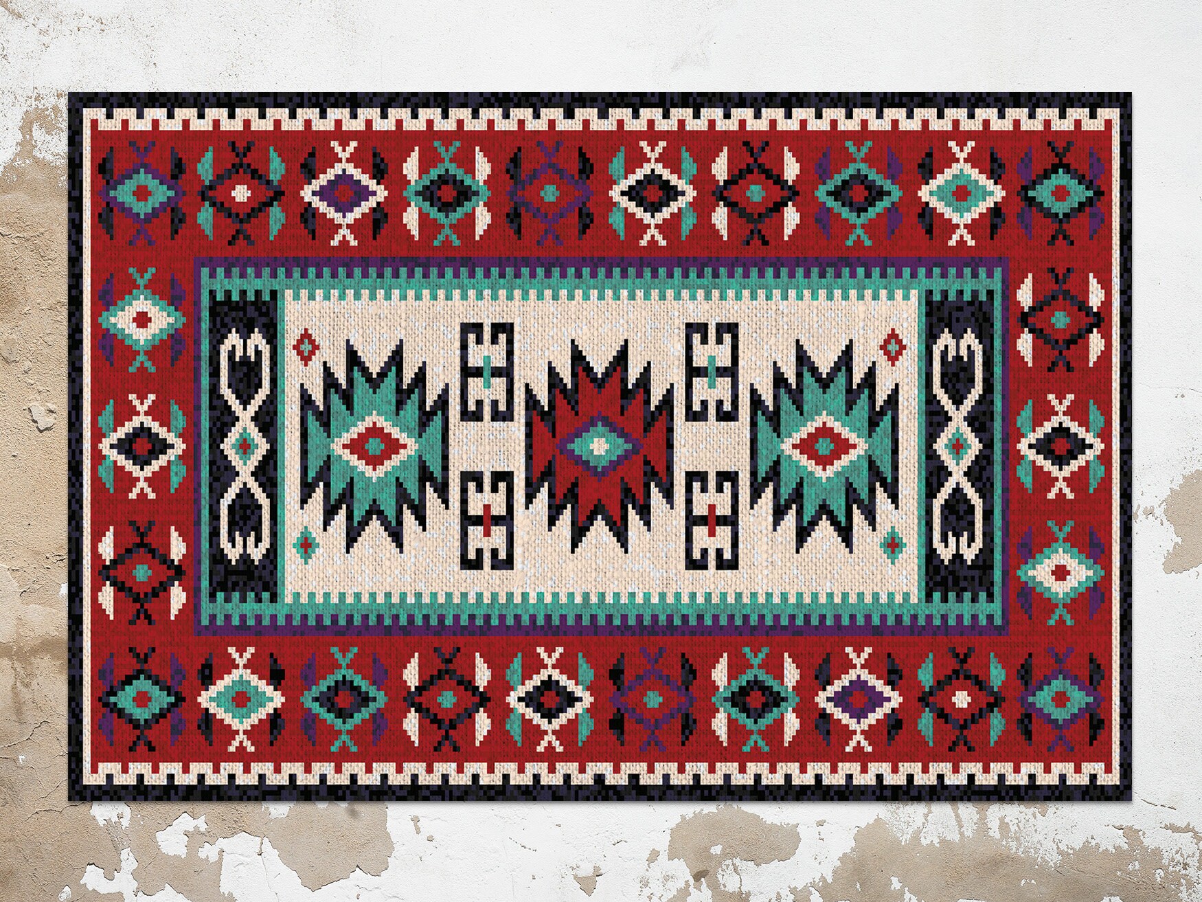 Red Green Ethno Carpet Mat, Red Linoleum Rug, Green Floor Mat, Ethnic Rug, Kitchen Decor, Rugs