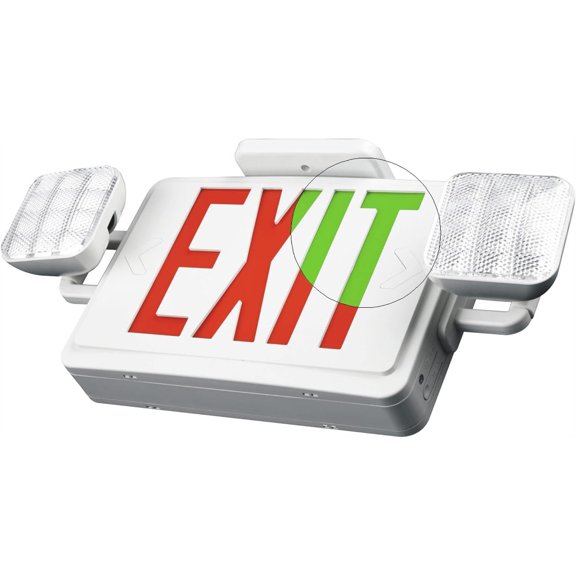 Red / Green Exit Sign with Two Adjustable Color LED Emergency Lights and 90 Minute Back Up - Flame Retardant, LED Emergency Exit Sign with Lights Battery Backup