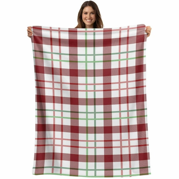 Red Green Farmhouse Plaid Throw Blankets, Rustic Striped Soft Fleece Blanket Decorative for Home Sofa Couch Chair Living Bedroom, 30x40 Inches,