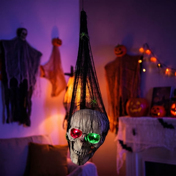 Red Green Flashing Light Eyes Skeleton Skull Hanging Ornament for Halloween Yard Door Decor