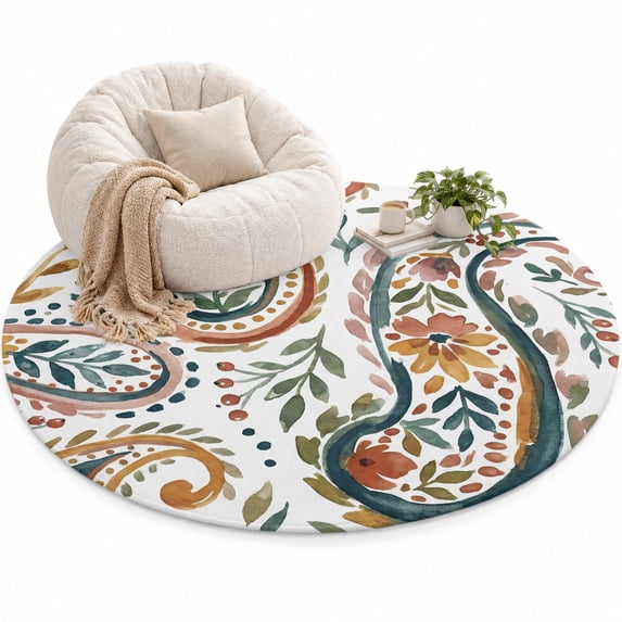 Red Green Flower Area Rug 5', Watercolor Abstract Paisley Bohemia ...