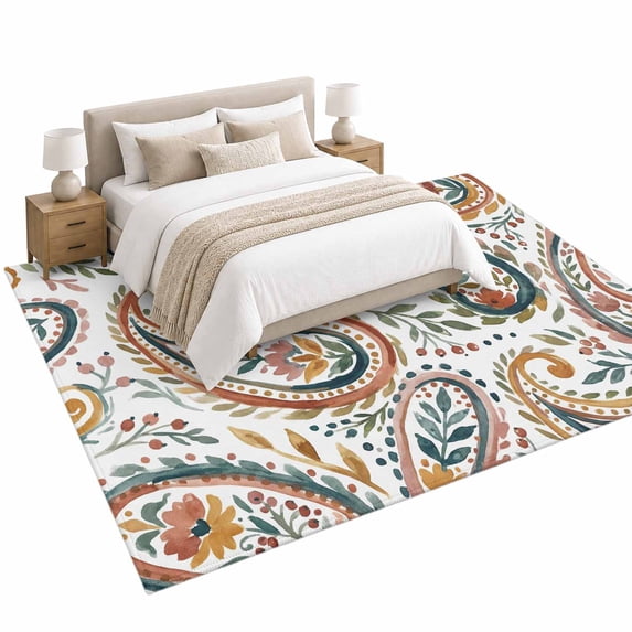 Red Green Flower Area Rug 5'x7', Watercolor Abstract Paisley Bohemia ...