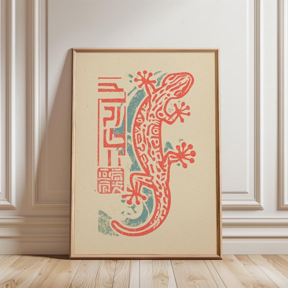 Red Green Gecko Folk Lizard Poster, Unframed Canvas 24x36in