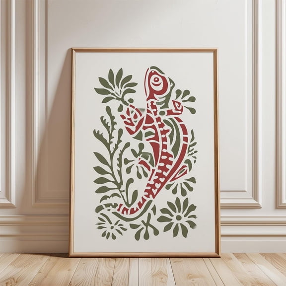 Red Green Gecko Folk Lizard Poster, Unframed Paper Poster 8x10in