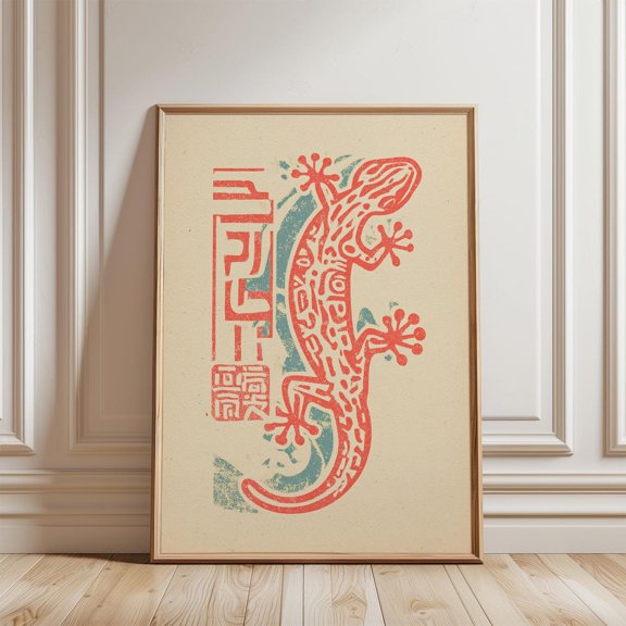 Red Green Gecko Folk Lizard Poster Unframed Paper Print