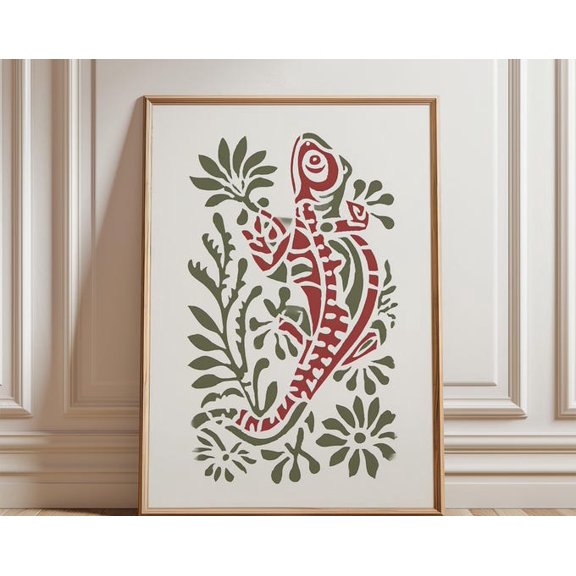 Red Green Gecko Folk Style Lizard Illustration Botanical Animal Wall Art, Unframed Paper Poster 8x10in