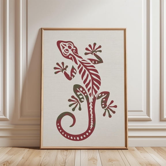 Red Green Gecko Folk Style Lizard Illustration Minimal Animal, Stretched Canvas 16x20in