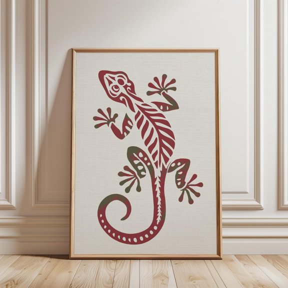 Red Green Gecko Folk Style Lizard Illustration Minimal Animal, Unframed Paper Poster 8x10in