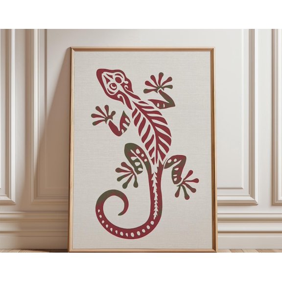 Red Green Gecko Folk Style Lizard Illustration Minimal Animal Wall Art, Unframed Paper Poster 8x10in