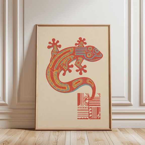 Red Green Gecko Woodblock Lizard Poster, Unframed Canvas 24x36in