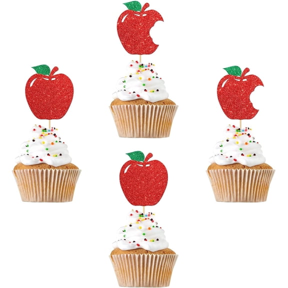 Red & Green Glitter Bitten Apple Cupcake Toppers,12PCS Fruit Silhouette Cupcake Picks for Teacher Appreciation Fall Party Cake Decorations